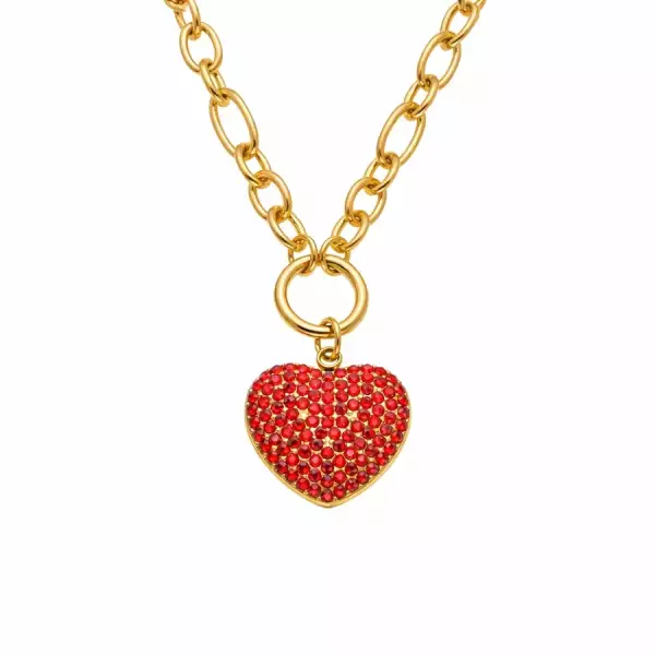 Aranyszínű nemesacél nyaklánc piros cirkónia szívvel