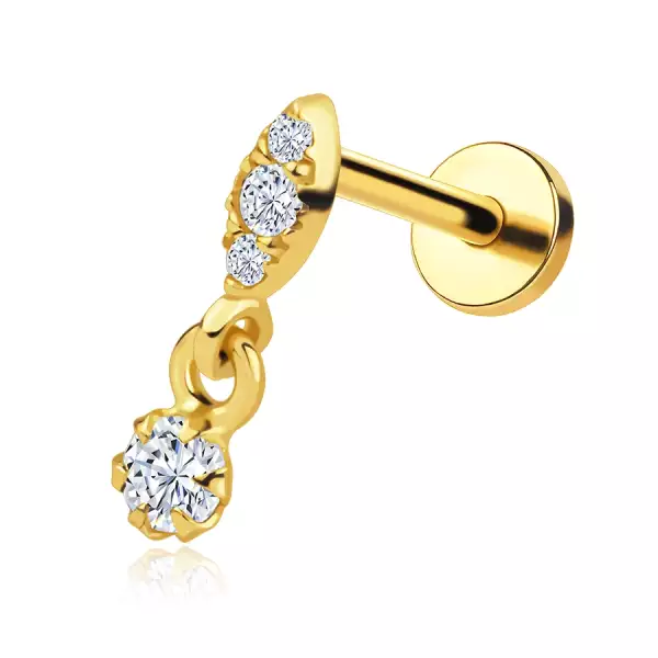 14K arany labret piercing golyó, cirkóniákkal és lógó cirkóniával
