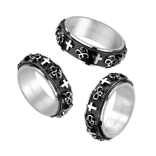 Acél spinner gyűrű koponyákkal, keresztekkel és fekete sávval - Nagyság_ 68