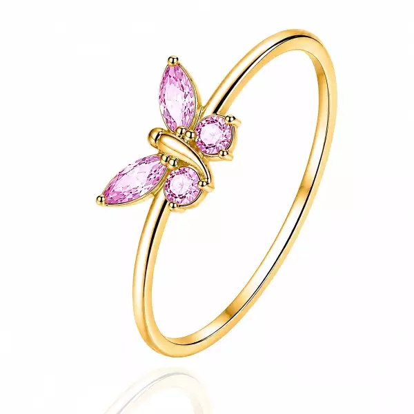 Női pillangós gyűrű 9 karátos sárga aranyból, rózsaszín cirkóniákkal - Nagyság_ 56