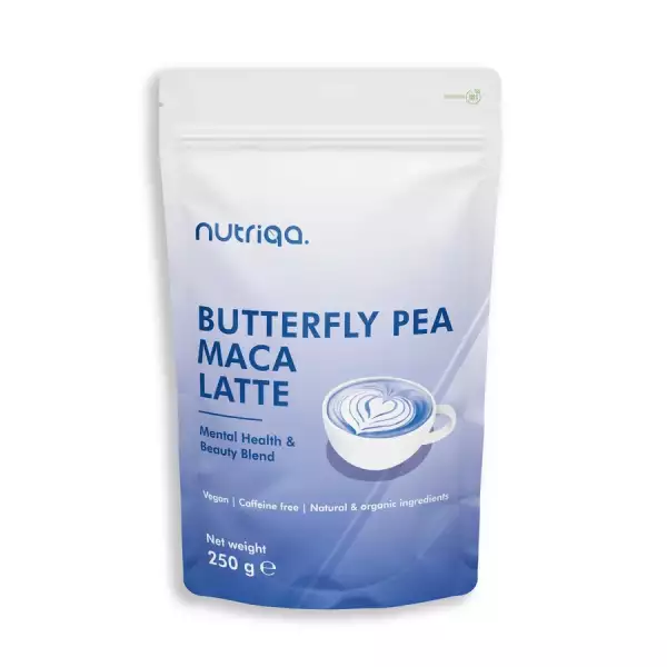 Nutriqa kék pillangóborsó–maca latte italpor, vegán, koffeinmentes – 250 g