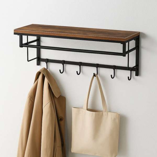Fali akasztó polccal rúddal és kampókkal ipari stílusú 66 cm
