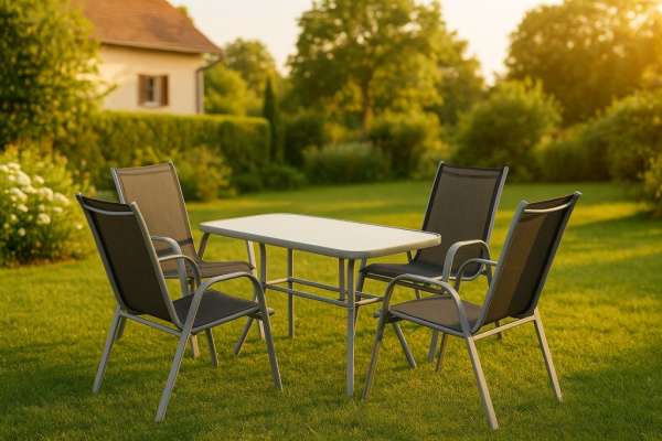 Kerti szett 5 db asztal biztonsági üveggel 4 székkel