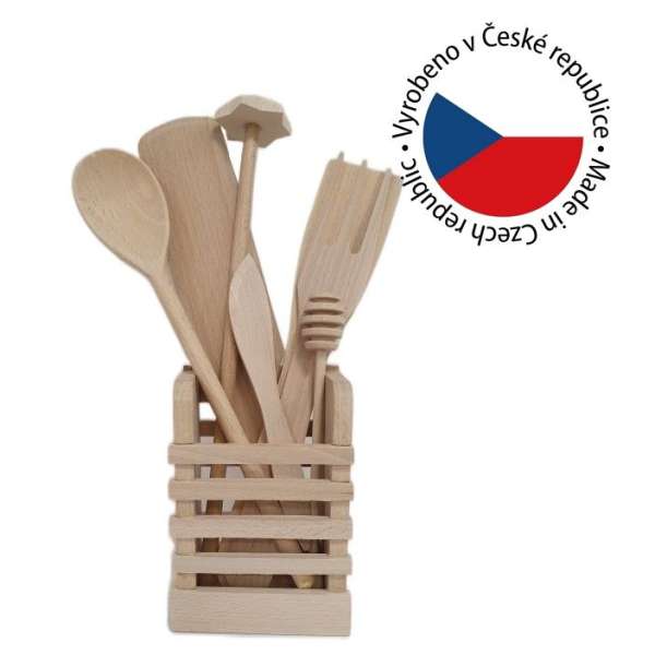 Gyermek fa konyhai eszközkészlet állványban