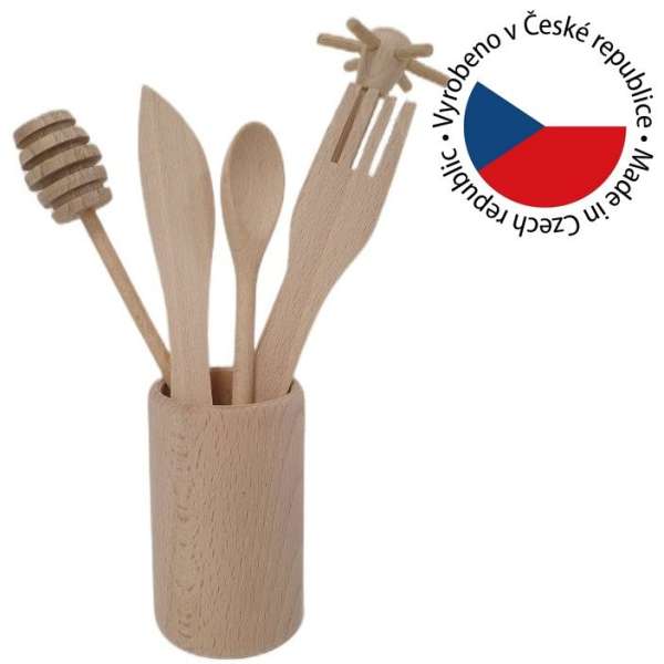 Gyermek konyhai eszközök fából készült készlete tartóban