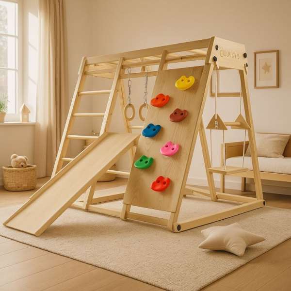 Gyerek beltéri fa  játszótér csúszdával összecsukható