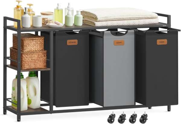 VASAGLE Szennyes kosár 3 rekeszes 150 L barna-fekete