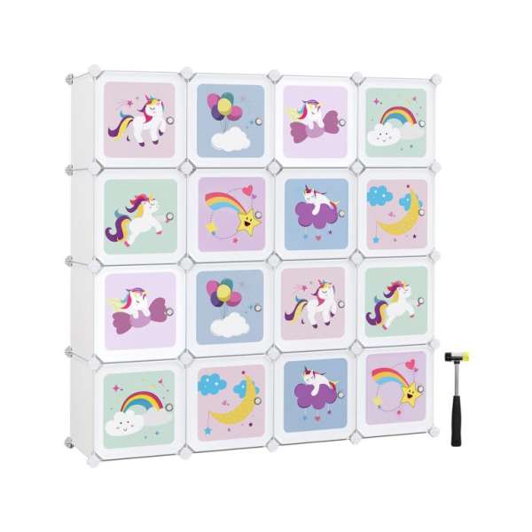 Kocka alakú polc gyerekeknek 16 dobozzal  unikornis motívum