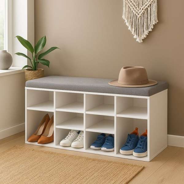 Cipőszekrény paddal és párnával 104×30×48 cm 10 rekesz fehér