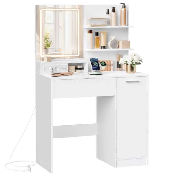 Kozmetikai asztal LED tükörrel USB  80x40x132,5 cm fehér