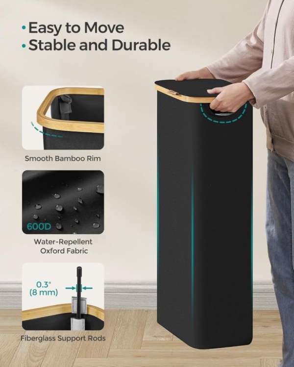 Keskeny mosodai kosár 65 L bambusz szegéllyel fekete