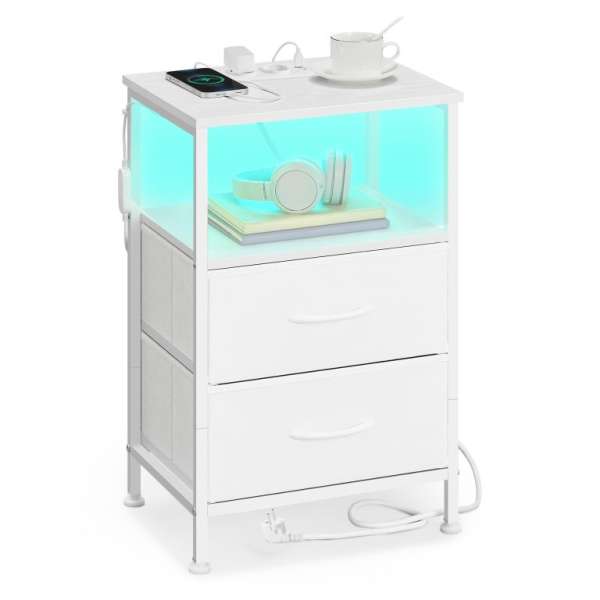 Fehér éjjeliszekrény LED USB és konnektorokkal 39,6x30x60,4