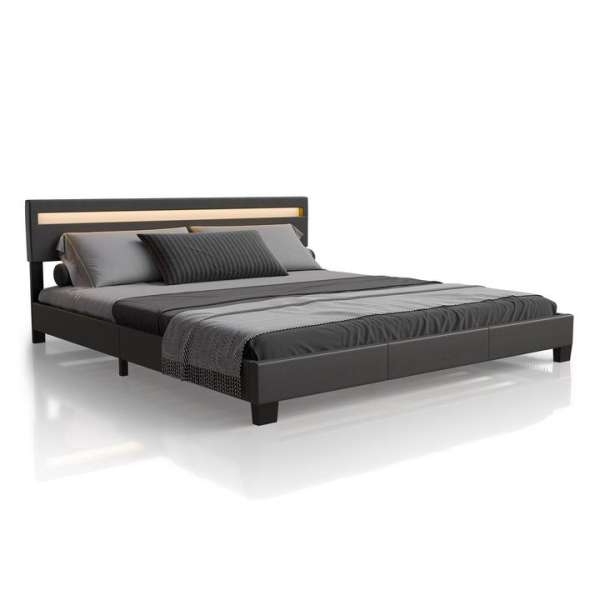Modern szürke kárpitozott ágy 180x200 LED-del és léces vázza