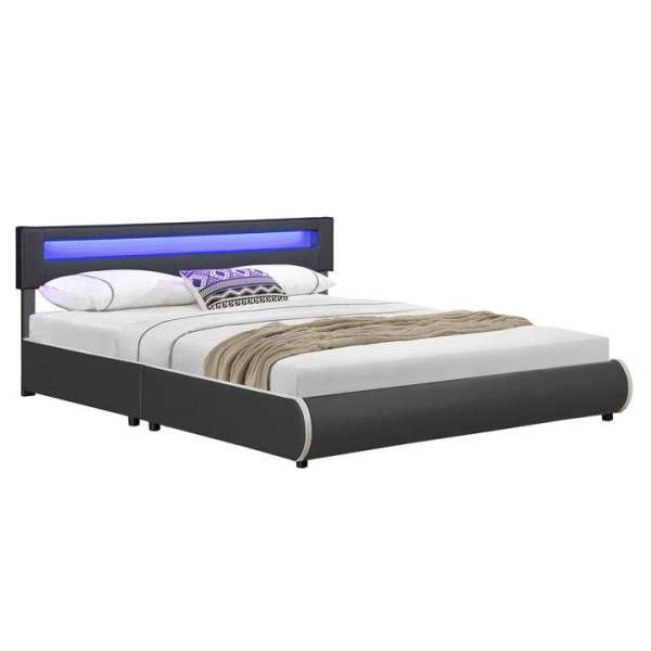 Modern kárpitozott ágy 180x200 cm LED szalaggal sötétszürke