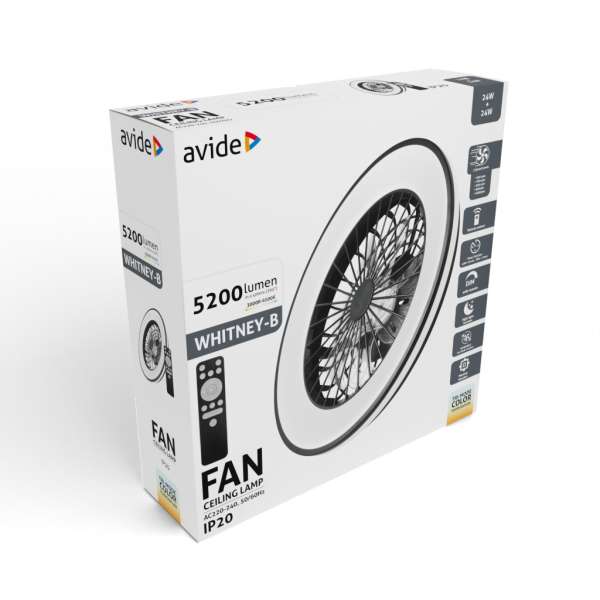 Avide Mennyezeti lámpa ventilátorral Whitney fekete, 2x24W+15W motor, távirányítóval