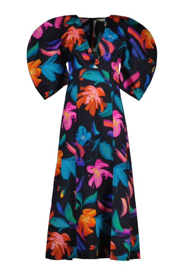 RUHA GANT FLORAL PRINT VOLUME SLEEVE DRESS EBONY BLACK