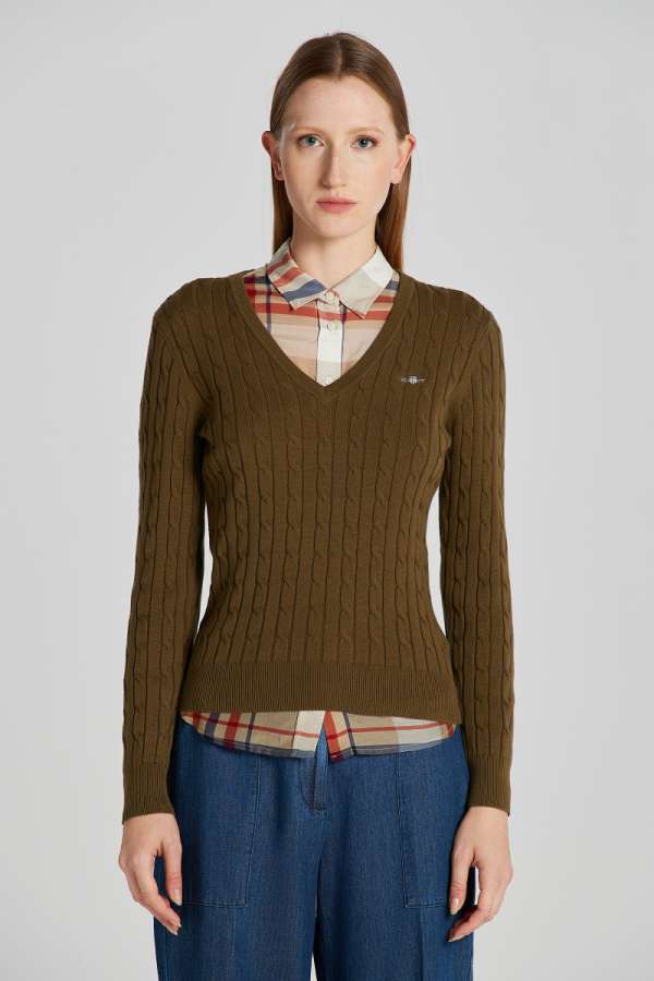 PUÓVER GANT STRETCH COTTON CABE V-NECK DARK CACTUS