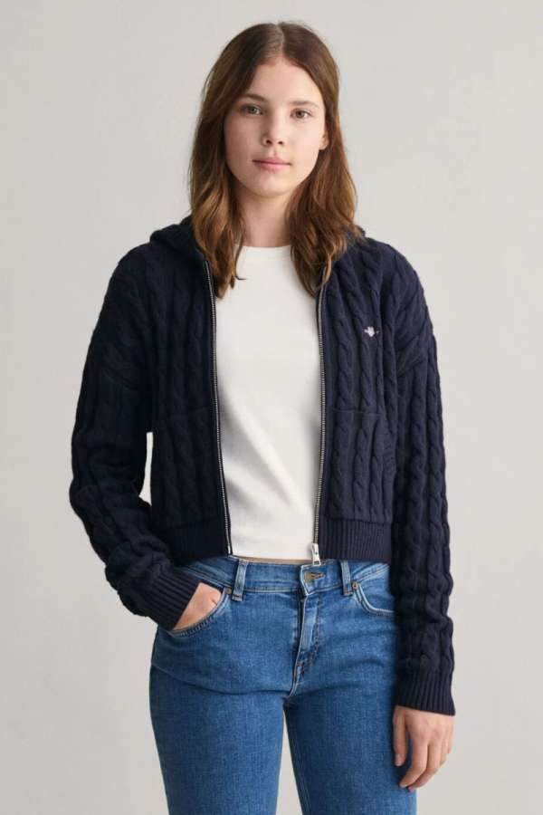 KARDIGÁN GANT SHIELD CROPPED CABLE ZIP HOODIE EVENING BLUE