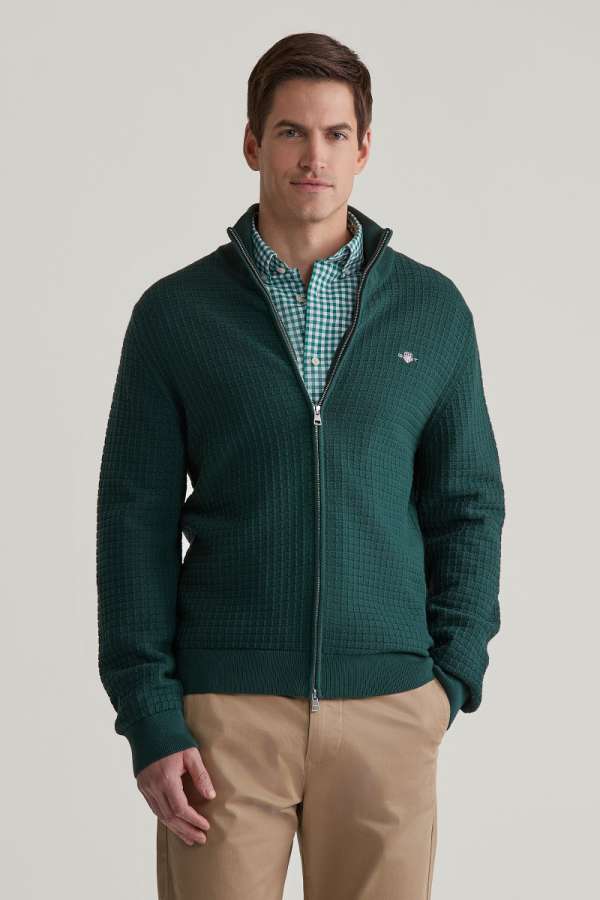 KARDIGÁN GANT COTTON TEXTURED ZIP CARDIGAN TARTAN GREEN