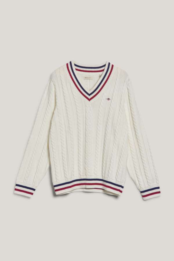 PULÓVER GANT STRIPED CABLE V-NECK EGGSHELL