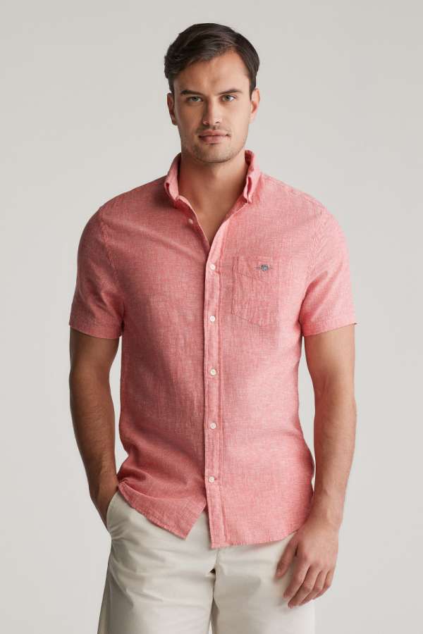 ING GANT REG COTTON LINEN  HIRT BRICK RED