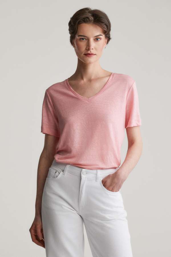 PÓLÓ GANT REG LINEN V-NECK SS T-SHIRT GERANIUM PINK