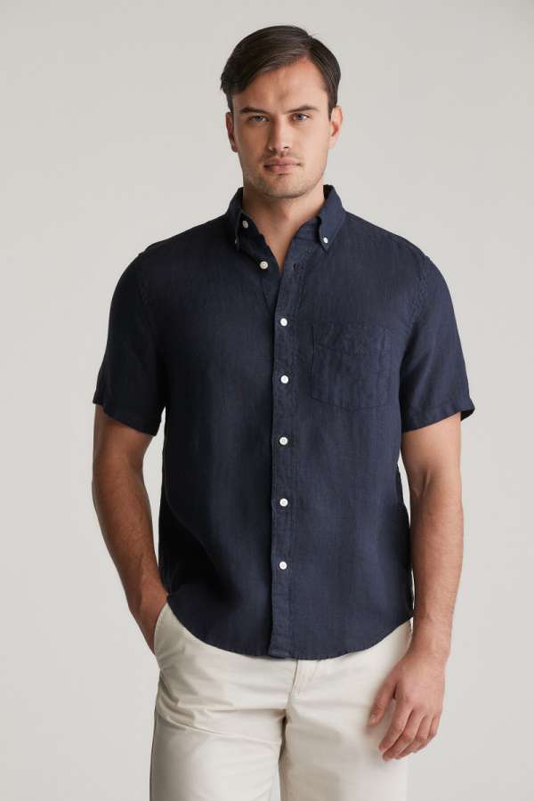 ING GANT REG GNT DYED LINEN SS SHIRT EVENING BLUE