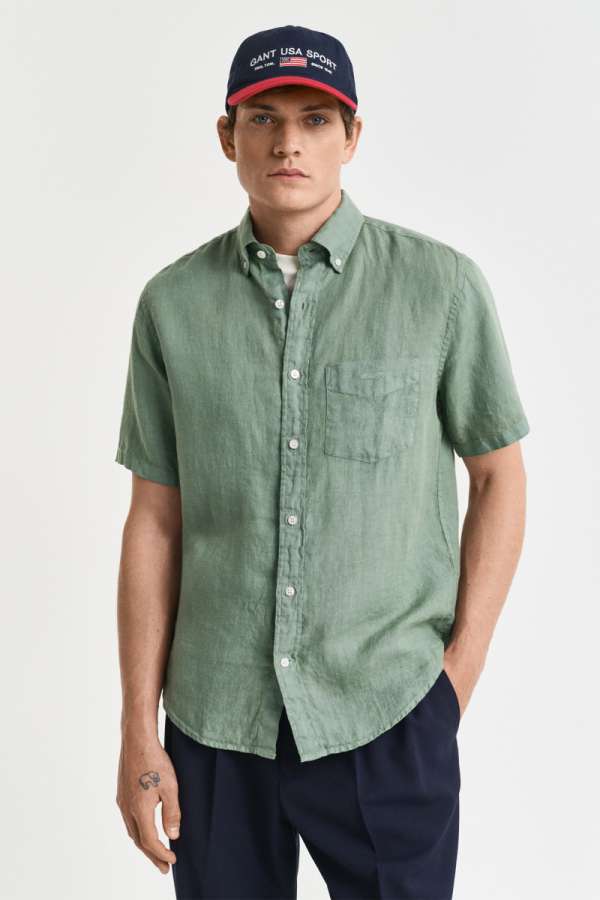 ING GANT REG GNT DYED LINEN SS SHIRT KALAATA GREEN