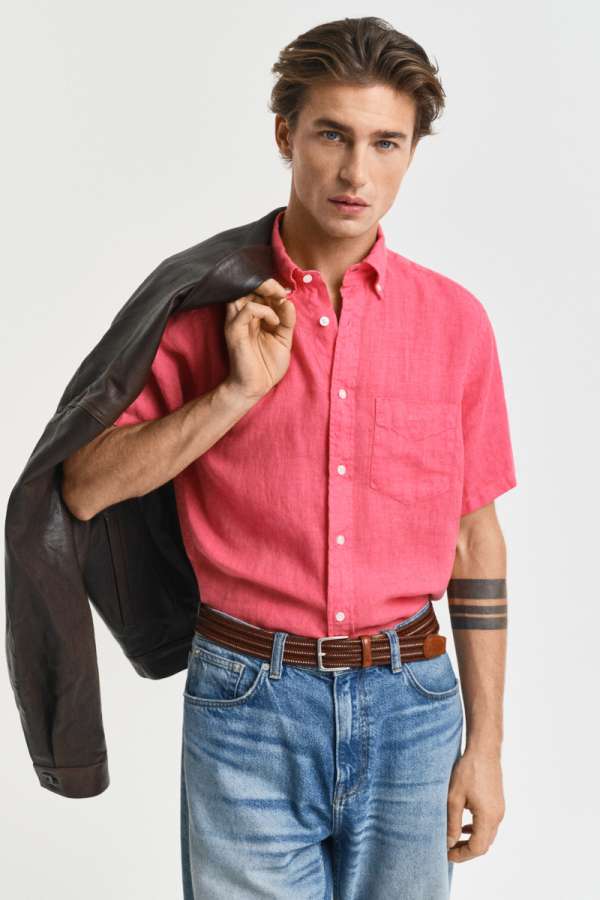 ING GANT REG GNT DYED LINEN SS SHIRT WATERELON RED