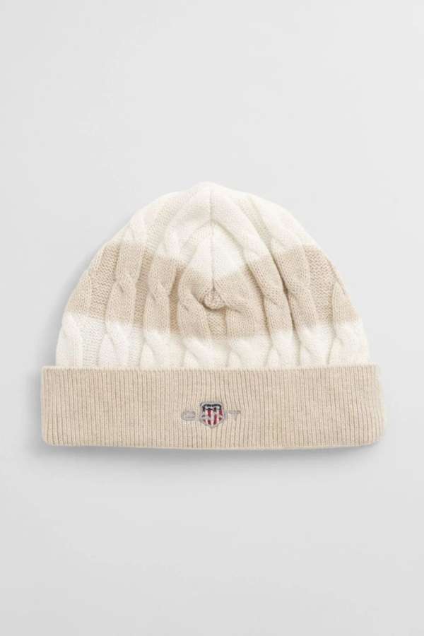 SAPKA GANT SHIELD STRIPED COTTON CABLE BEANIE LIGHT BEIGE MELANGE