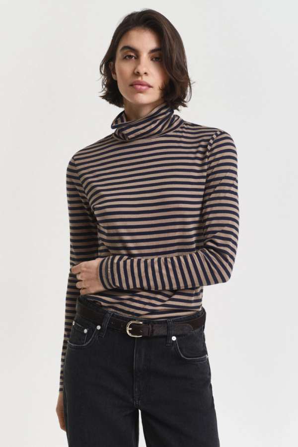 GARBÓ GANT LIGHT COTTON STRIPED LS TURTLENECK TAUPE BEIGE