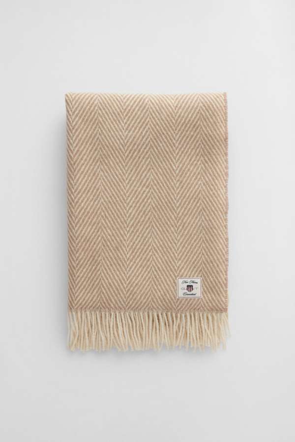 TAKARÓ GANT HERRINGBONE WOOL THROW  TAUPE BEIGE