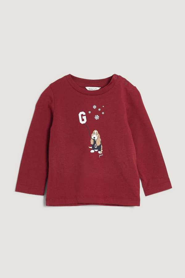 TOP GANT DOG AND SNOWFLAKES PRINT LS TOP PLUMPED RED