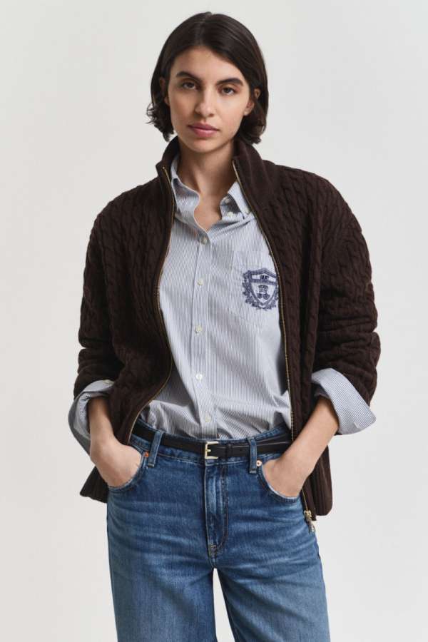 KARDIGÁN GANT CABLE KNIT ZIP CARDIGAN DEEP BROWN