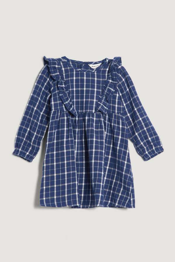 RUHA GANT CHECKED FLANNEL FRILL DRESS PERSIAN BLUE