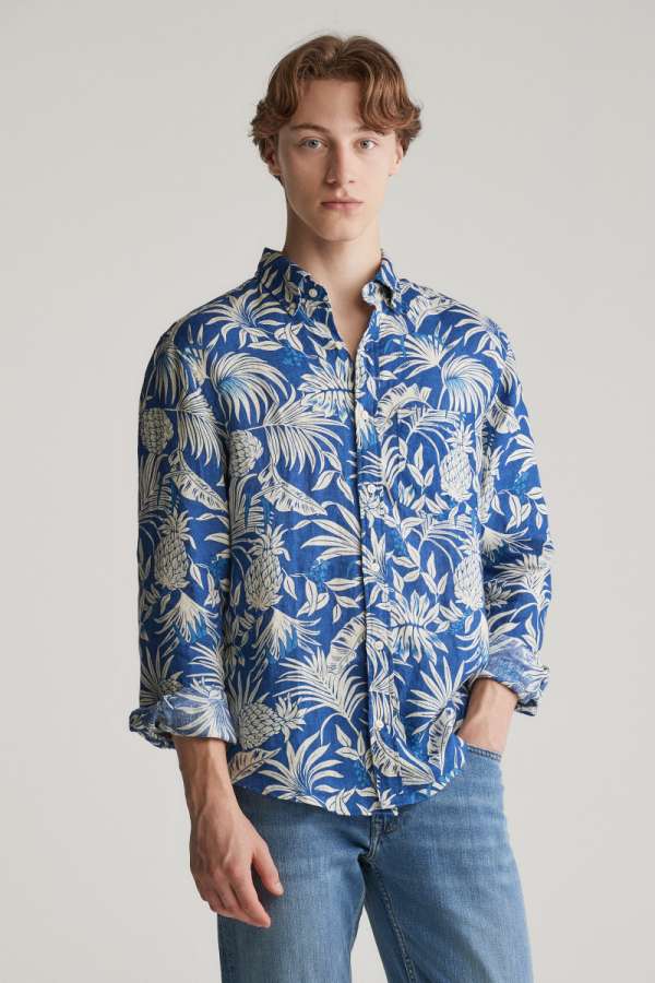ING GANT REG BOTANICAL PRINT LINEN SHIRT RICH BLUE