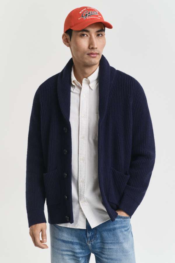 KARDIGÁN GANT WOOL BLEND HAWL COLLAR CARDIGAN EVENING BLUE