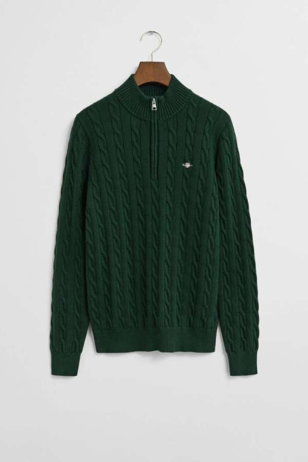 PULÓVER GANT COTTON CABLE HALF ZIP TARTAN GREEN