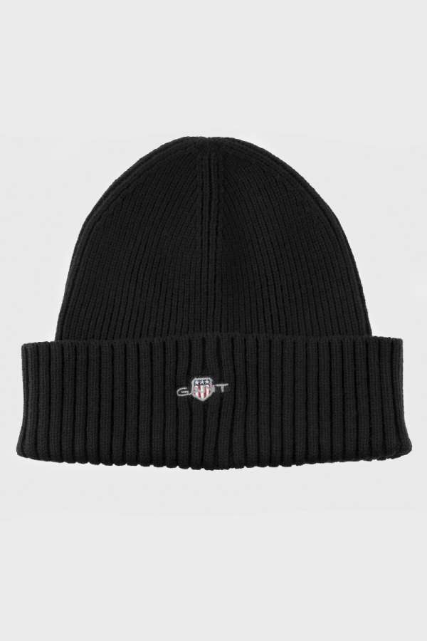 SAPKA GANT COTTON BLEND LOGO BEANIE BLACK