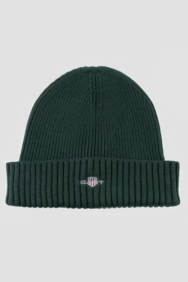 SAPKA GANT COTTON BLEND LOGO BEANIE TARTAN GREEN