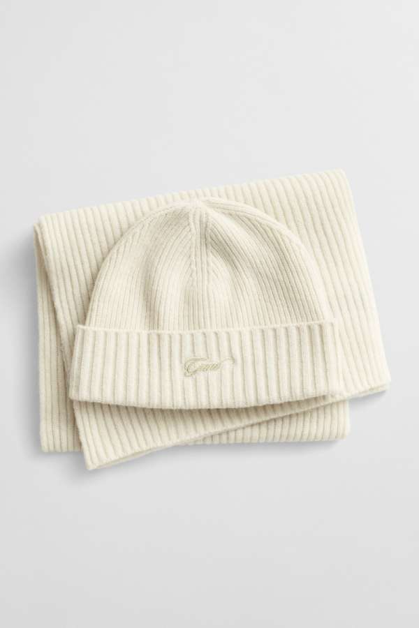 KÉSZLET SAPKA ÉS SÁL GANT SCRIPT BEANIE AND SCARF GIFT SET CREAM