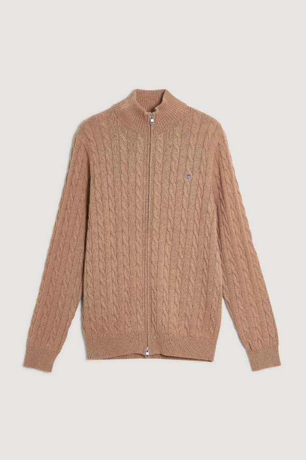 KARDIGÁN GANT COTTON CABLE ZIPPED CARDIGAN DK. SAND ELANGE