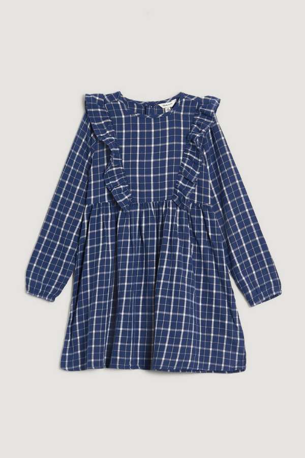 RUHA GANT CHECKED FLANNEL FRILL DRESS PERSIAN BLUE