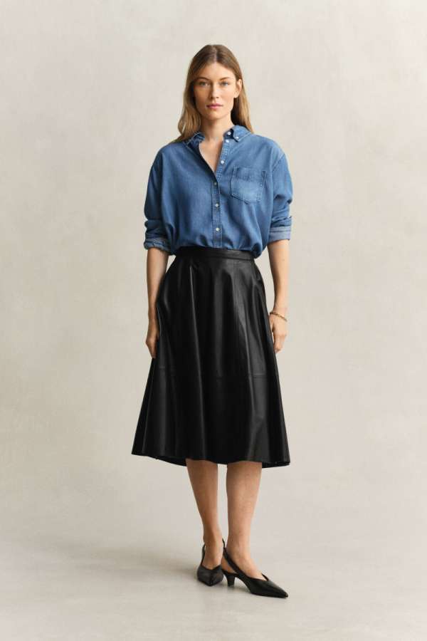 SZOKNYA GANT FLARED FLUID LEATHER SKIRT BLACK