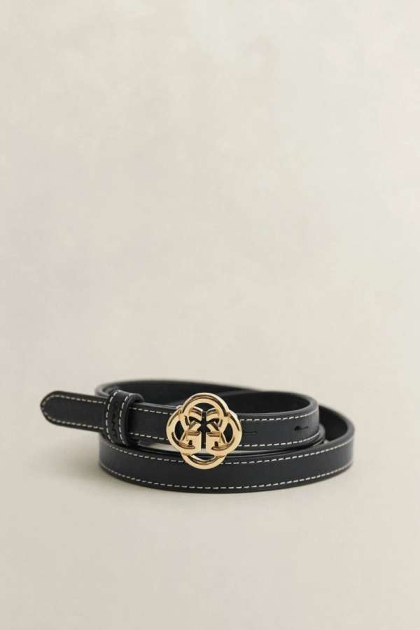 ÖV GANT MONOGRAM BUCKLE SLIM LEATHER BELT BLACK