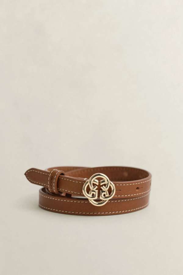 ÖV GANT MONOGRAM BUCKLE SLIM LEATHER BELT COGNAC