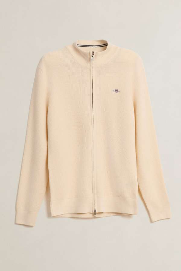 KARDIGÁN GANT MICRO TEXTURED COTTON ZIP CARDIGAN CREAM