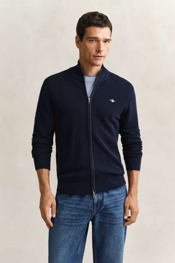 KARDIGÁN GANT ICRO TEXTURED COTTON ZIP CARDIGAN EVENING BLUE
