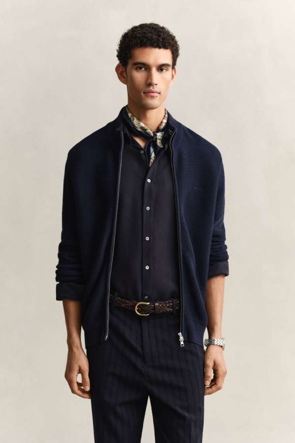 KARDIGÁN GANT COTTON TEXTURE ZIPPED CARDIGAN EVENING BLUE