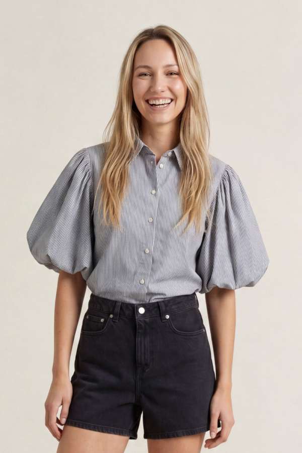 BLÚZ GANT SEERSUCKER PUFF SLEEVE BLOUSE EVENING BLUE